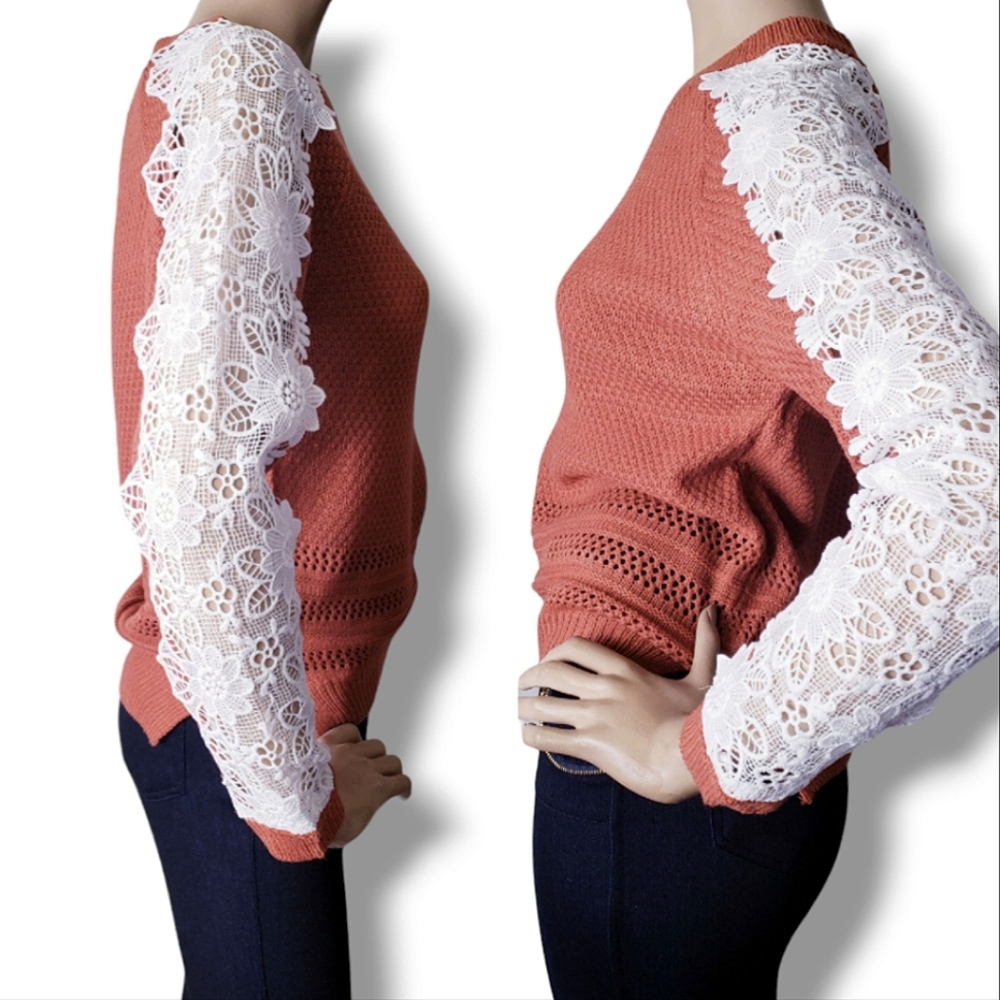 Listicle Rust Orange & White Lace Sleeve Knit Sweater - Picture 4 of 8